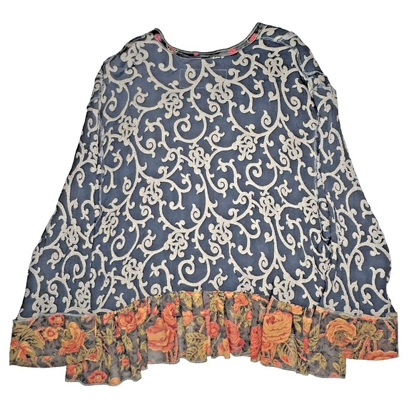 Nothing Matches Sweater Womens Size 2 Blue Gray Floral Patchwork Ruffle Boho Top - Picture 2 of 6